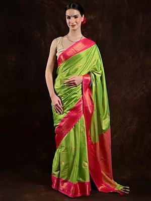 Grenoble-Green Saree with Zari Woven Peacocks and Contrast Border