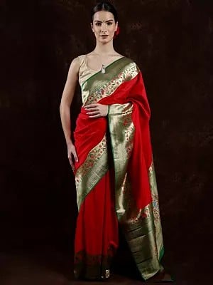 True-Red Paithani Saree with Hand-Woven Peacocks on Border and Aanchal