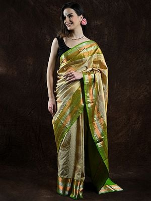 Taos-Taupe Stripe-Chakra Kanjivaram Saree from Bangalore with All-Over Copper Colored Thread Work