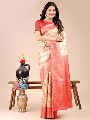 Banarasi Silk Contrast Border And Weaving Work Attractive Festive Wear Saree