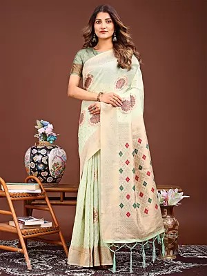 Elegant All Over Weaving Work Linen Cotton Festive Wear Saree With Contrast Tassels Pallu
