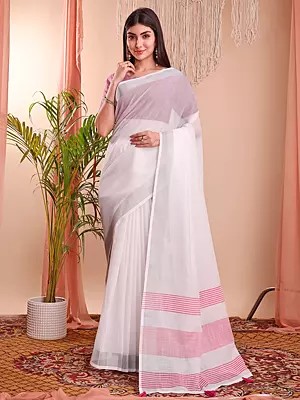 Plain Linen Cotton Attractive Festive Wear Saree With Striped Tassels Pallu