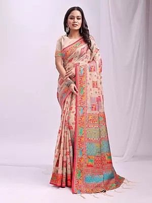 Linen Cotton Bandhani And Tribal Prints Weaving Work Saree With Contrast Pallu