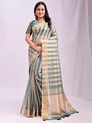 Stripe Pattern Elegant Festive Wear Organza Saree With Tassels Pallu