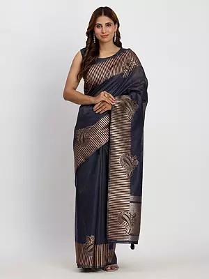 Linen Cotton Paisley Motifs With Striped Border Attractive Saree With Matching Blouse