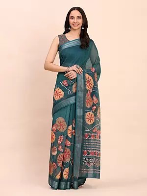 Floral Print Attractive Festive Wear Linen Cotton Saree With Blouse