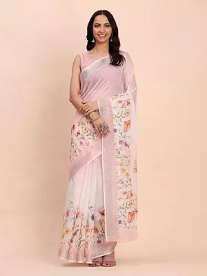 Rose-Gold Floral Print Border Stunning Linen Cotton Festive Wear Saree