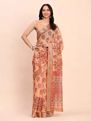 Hit-Pink Linen Cotton All Over Floral Print Attractive Casual Wear Saree With Blouse