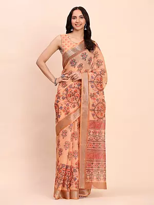 Hit-Pink Linen Cotton All Over Floral Print Attractive Casual Wear Saree With Blouse