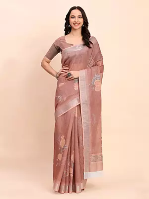Brownish-Pink Big Floral Motifs Elegant Linen Cotton Festive Wear Saree With Blouse