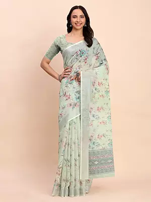Surf-Crest All Over Floral Print Stunning Casual Wear Linen Cotton Saree With Blouse