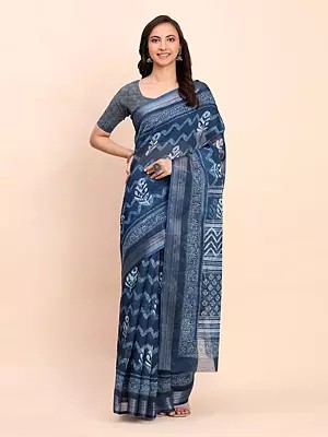 Dark-Blue-Grey Linen Cotton Abstract Print Attractive Festive Wear Saree With Blouse