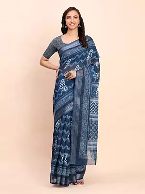 Dark-Blue-Grey Linen Cotton Abstract Print Attractive Festive Wear Saree With Blouse