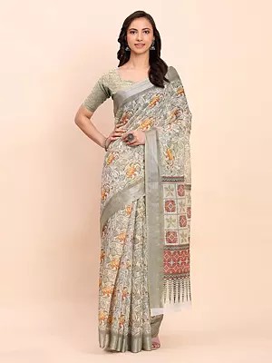Spring-Rain Ethnic Floral Motifs Printed Attractive Linen Cotton Saree With Blouse