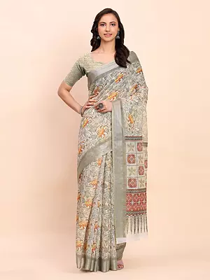 Spring-Rain Ethnic Floral Motifs Printed Attractive Linen Cotton Saree With Blouse