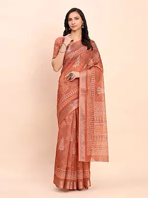 Ethnic Woven Motifs Linen Cotton Elegant Festive Wear Saree With Matching Blouse