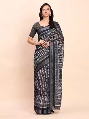 Black-Eel Linen Cotton Abstract Printed Attractive Festive Wear Saree With Blouse