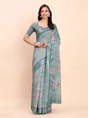 Jungle-Mist Elegant Linen Cotton Floral Motifs Casual Wear Saree With Blouse