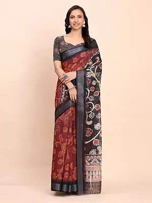 Rose-Vale Linen Cotton Stunning Floral Print Festive Wear Saree With Blouse
