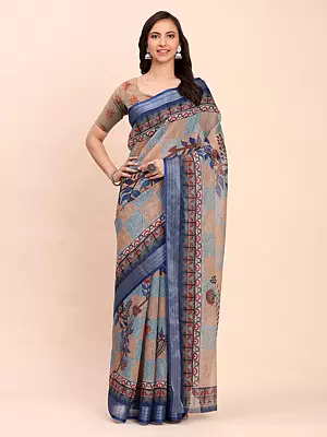 Multicolor Linen Cotton Attractive Wide Border Printed Festive Wear Saree