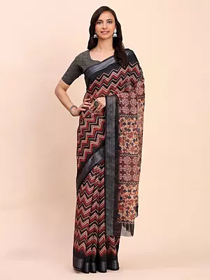 Sandy-Beach Attractive Linen Cotton Zig-Zag Pattern Saree With Floral Printed Pallu