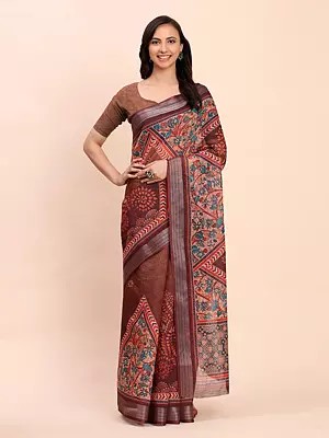 Copper-Rose Elegant Floral Printed Linen Cotton Casual Wear Saree With Blouse