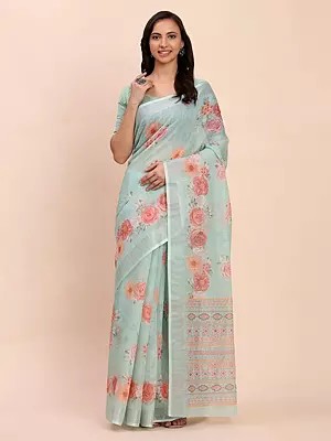 Frosted-Mint Floral Motifs Print Wide Border Linen Cotton Festive Wear Saree