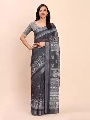 Davy-Grey Linen Cotton Attractive Festive Wear Printed Saree With Contrast Pallu