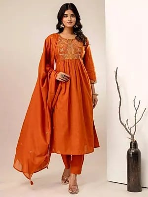 Stunning Embroidery And Sequins Work Anarkali Style Kurta With Matching Tassels Dupatta