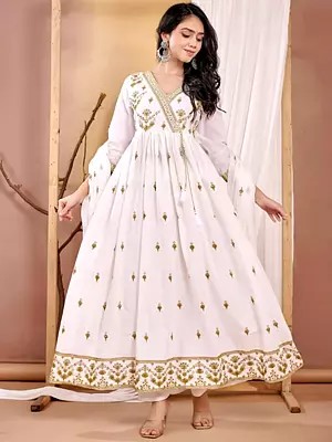 Cotton Attractive Embroidery Work Festive Wear Anarkali Suit With Matching Dupatta