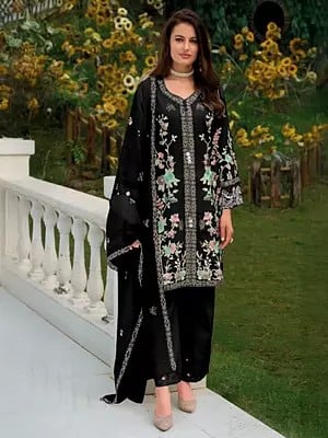 Floral Embroidery And Sequins Work Straight Cotton Kurta With Matching Dupatta