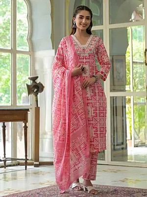 Elegant Geometric Pattern And Embroidery Work Cotton Kurta With Matching Dupatta