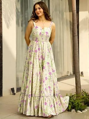 White-Rock Stunning Floral Print Flared Heavy Rayon Casual Wear Long Gown