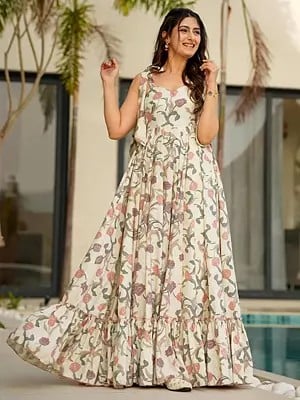 Women's Off-White Floral Print Heavy Rayon Elegant Gown For Casual Occasion
