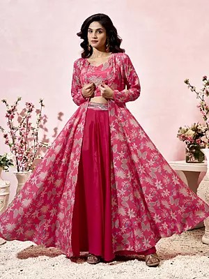 Warm-Pink Stylish heavy Crepe floral print three piece party wear indo-western suit with shrug