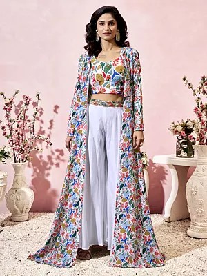 Multicolor Heavy Crepe Printed Attractive Party Wear Indo-western suit with long shrug