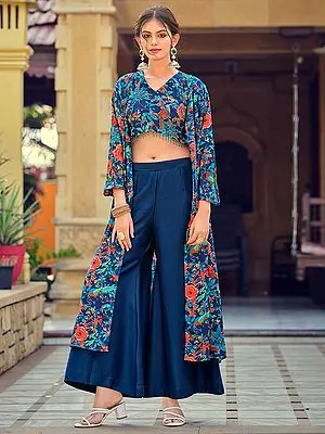 Floral Printed Crop-Top Stylish Party Wear Silk Indo-Western Suit With Shrug