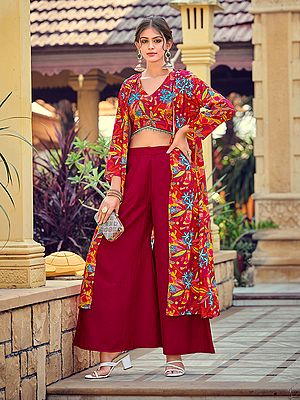 Designer Silk Floral Printed Party Wear Crop-Top Indo-Western Suit With Shrug
