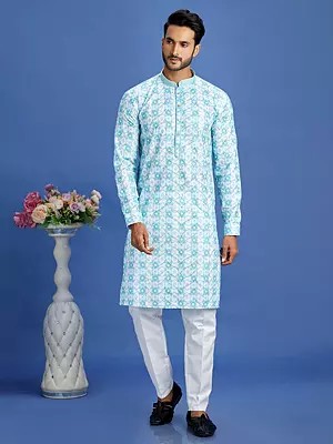 Embroidery And Digital Print Straight Mandarin Collar Cotton Kurta Pajama Set