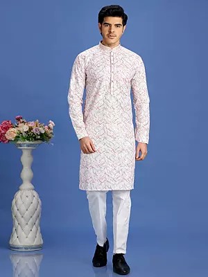 Elegant Cotton Digital Print And Embroidery Work Mandarin Collar Kurta Pajama Set