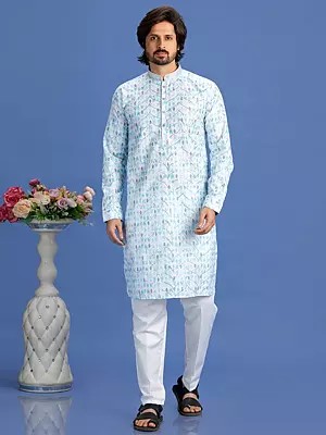 Cotton Mandarin Collar And Embroidery Work Straight Festive Wear Kurta Pajama Set