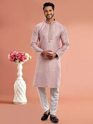 Designer Cotton Digital Print Mandarin Collar Straight Kurta Pajama Set For Festive Occasion