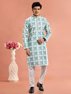 Cotton Geometric Digital Print Mandarin Collar Straight Kurta Pajama Set
