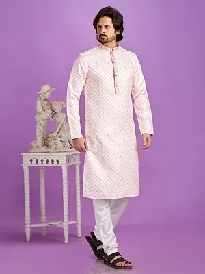 Check Pattern Printed Mandarin Collar Straight Print Festive Wear Cotton Kurta Pajama Set