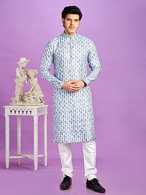 Digital Printed Cotton Mandarin Collar Straight Festive Wear Kurta Pajama Set
