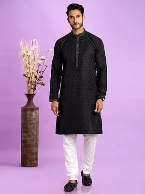 Designer Art Soft Silk Full Sleeve And Mandarin Collar Festive Wear Kurta Pajama Set