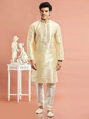 Banarasi Art Silk Embroidery Work Straight Kurta Mandarin Collar Kurta Pajama Set