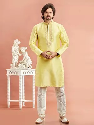 Elegant Banarasi Art Silk Embroidery Work Straight Full Sleeve Kurta Pajama Set