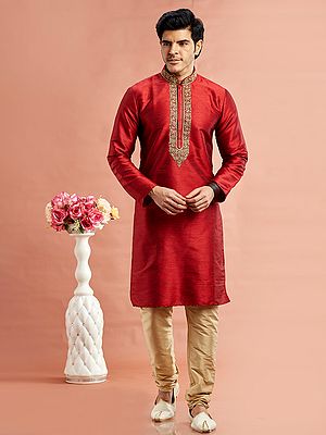 Stunning Embroidery Work Straight Full Sleeve Festive Wear Kurta Pajama Set