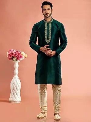 Attractive Banarasi Art Silk Mandarin Collar Straight Festive Wear Kurta Pajama Set